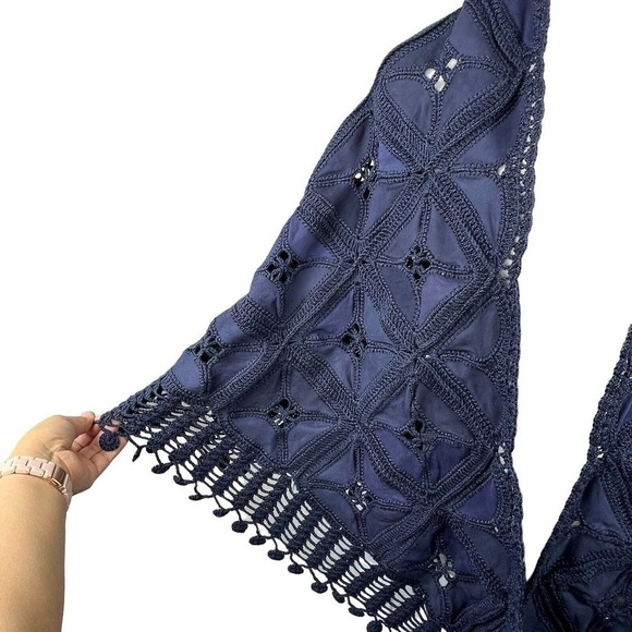 Vintage Navy Blue Leather Suede Crochet Patchwork Fringe Shawl Wrap - Picture 4 of 12